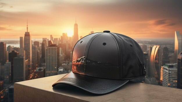 A photo of a casual snapback cap with a city skyline