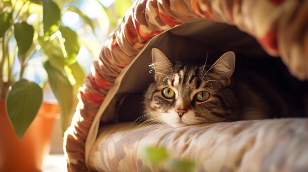 Photo of a cat peeking out from a cozy cat bed