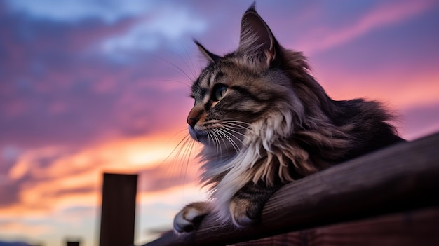 Photo of a cat perched on a fence against a twilight