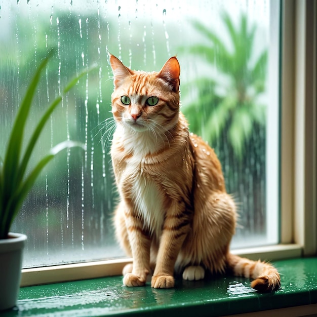 Photo a cat on rainy day