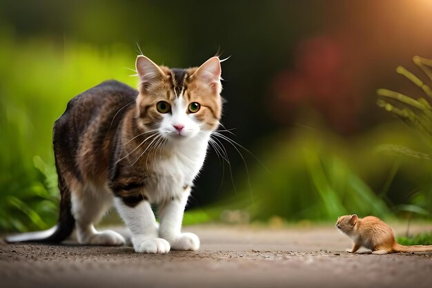 photo a cat and a rat are looking at each other