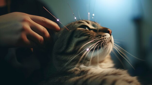 photo of a cat receiving acupuncture therapy at the vet