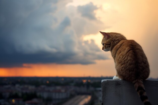 雷雨の前の棚に猫が座っている写真