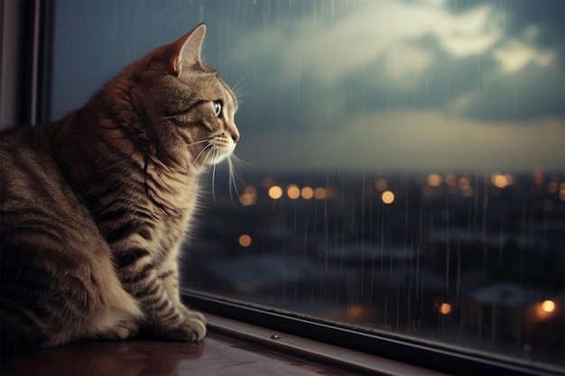 雷雨の前の棚に猫が座っている写真