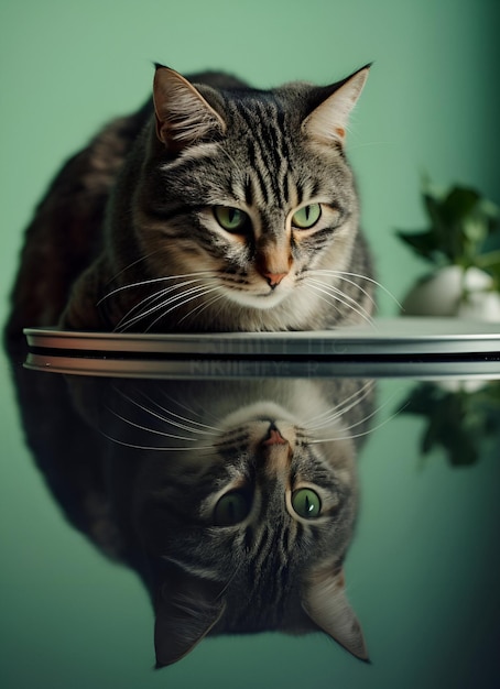 鏡の上に座っている猫の写真