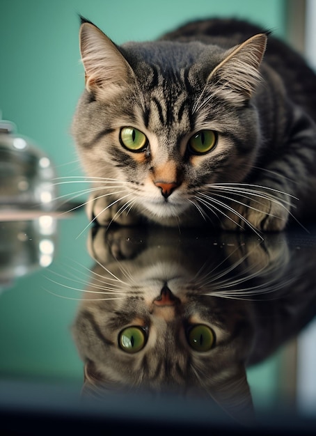 photo of a cat sitting on a glass with its reflection