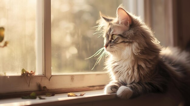 A photo of a cat sitting on a windowsill soft morning light
