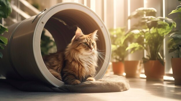 A photo of a cat stretching in a cozy boarding space