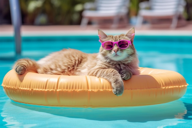 Photo cat in sunglasses is resting on an inflatable mattress by the pool vacation at the resort day