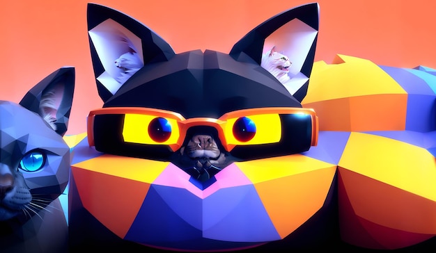 Photo of a cat wearing 3D glasses with another cat in the background