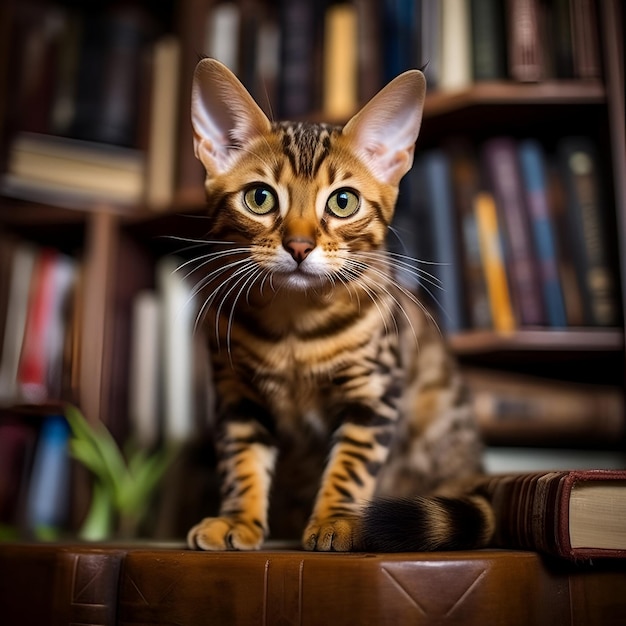 photo of a cat with books background