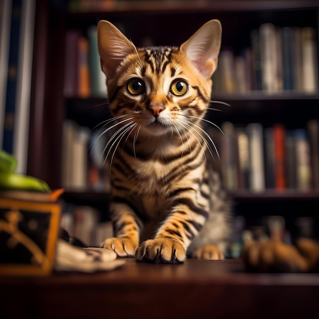 photo of a cat with books background