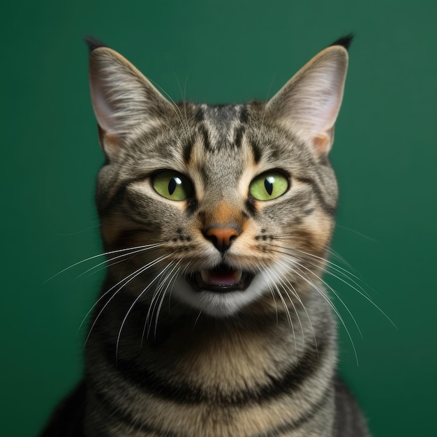 PHOTO A cat with green eyes and a black and tan striped coat