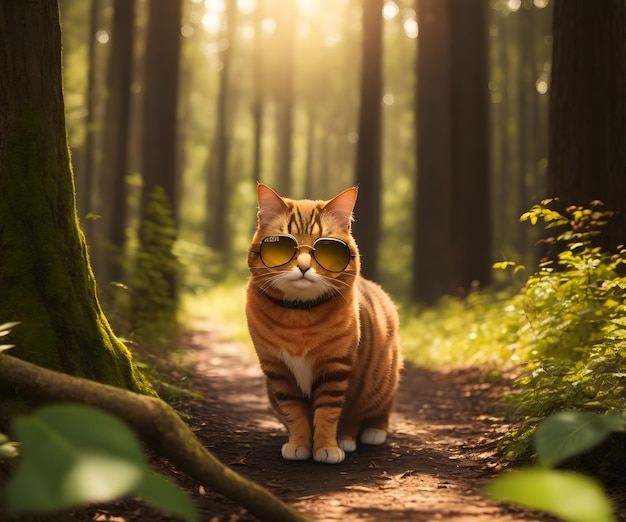 Photo of cat with sunglasses in the woods generative ai