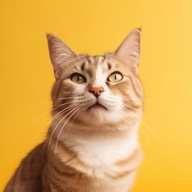 PHOTO A cat with a yellow background and a white patch on its chest