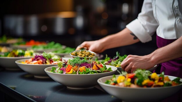 A Photo of a Catering Chef Plating Colorful Salad Bowls