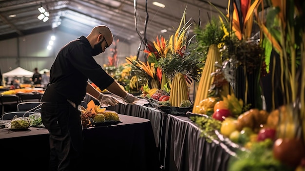 A Photo of a Catering Staff Setting Up Decorations at an Event