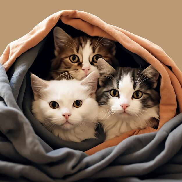 居心地の良い毛布の中で寄り添う猫の写真