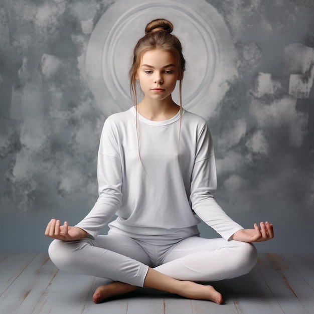 photo of a caucasian female doing yoga and meditation in front of grey color wall