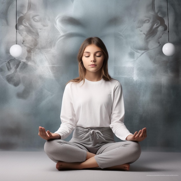 photo of a caucasian female doing yoga and meditation in front of grey color wall