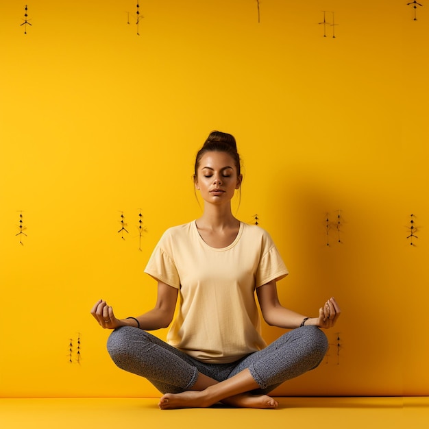 photo of a caucasian female doing yoga and meditation in front of yellow color wall