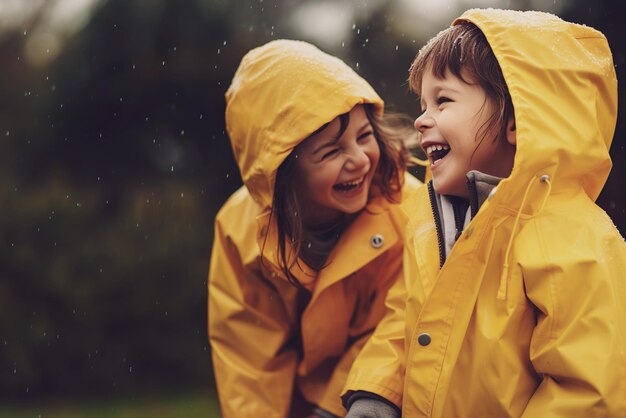 Foto foto di bambini caucasici che si divertono sotto la pioggia foto di alta qualità