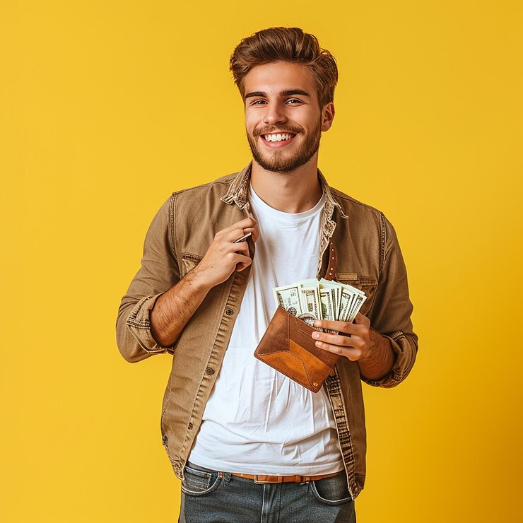 Photo photo of caucasian man holding banknotes and wallet
