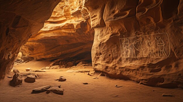 Photo a photo of a cave with ancient petroglyphs on the walls soft natural light