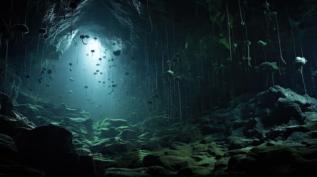 A photo of a cave with a colony of glowworms on the ceiling dimly lit