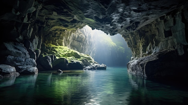 Photo a photo of a cave with a hidden underground river soft natural light