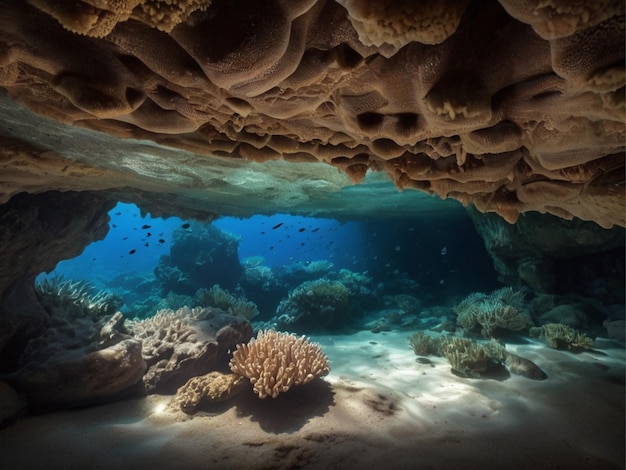 Photo a cave with a view of corals and sea life