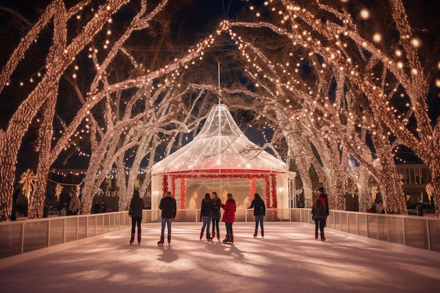 Чтобы отпраздновать Рождество, кататься на коньках под мерцающими огнями рождественского открытого катка.