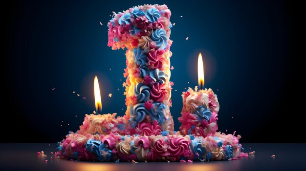 Photo celebrating 1st Birthday cake with a burning birthday candle Number 1 generative ai