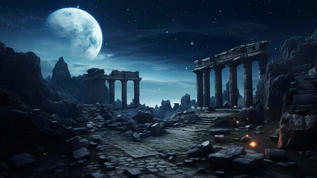 A photo of a celestial night sky over ancient ruins