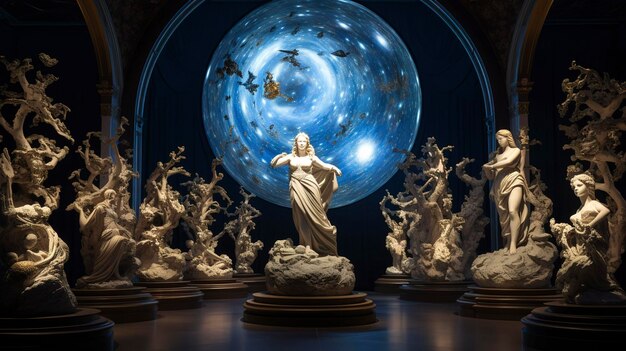Photo a photo of celestialthemed sculptures gracing a cosmic art gallery