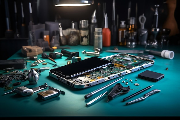 Photo of a cellphone repair shop table with smartphone and equipment