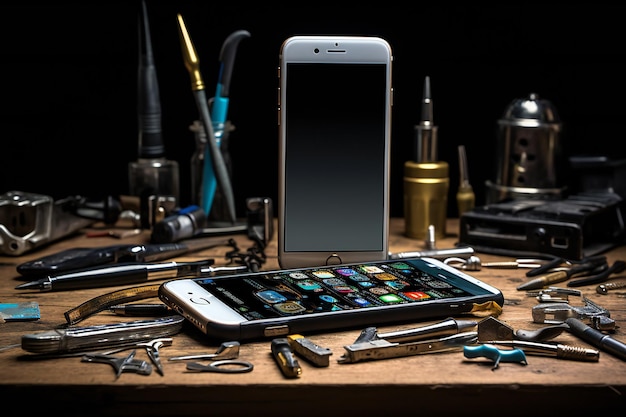 Photo photo of a cellphone repair shop table with smartphone and equipment