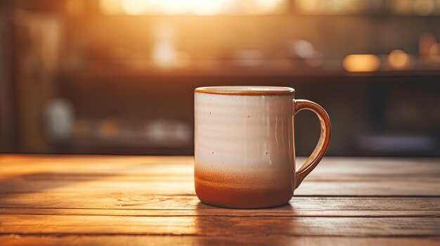 A photo of a ceramic mug warm kitchen light