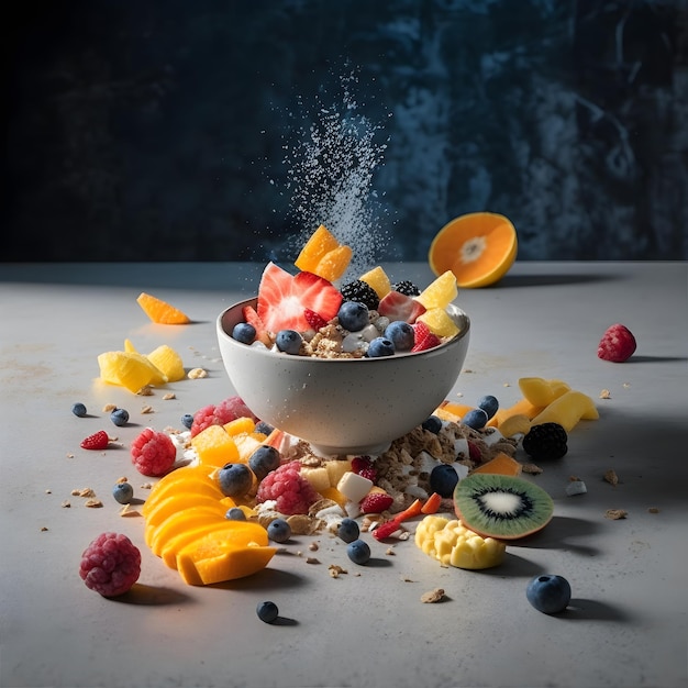photo cereal in bowl and c fruit on marble background Food photography