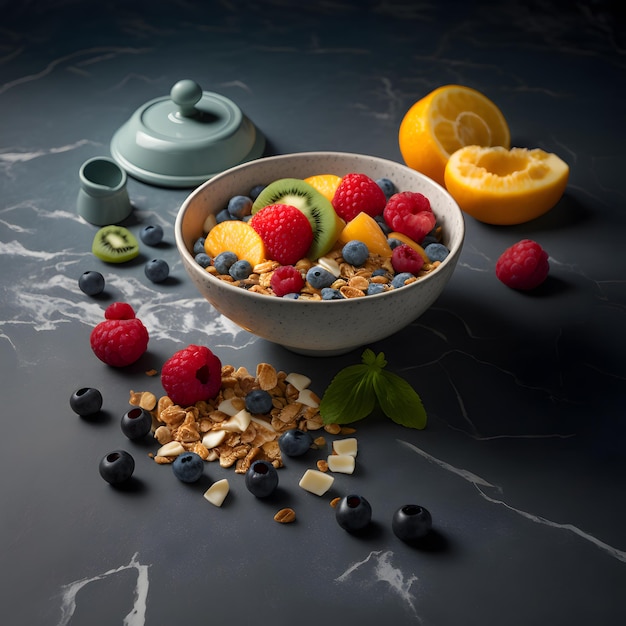 photo cereal in bowl and c fruit on marble background Food photography