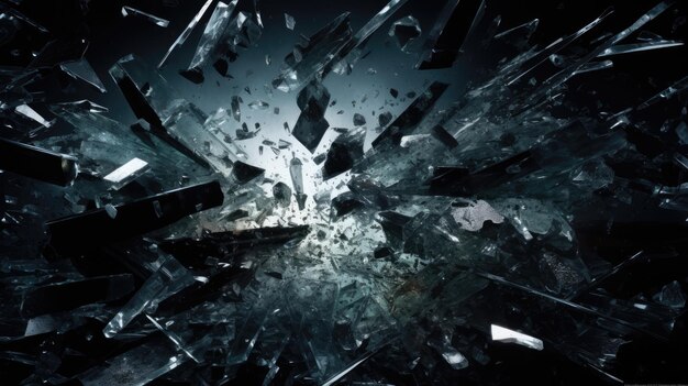 Photo a photo of a chaotic burst of shattered glass black backdrop