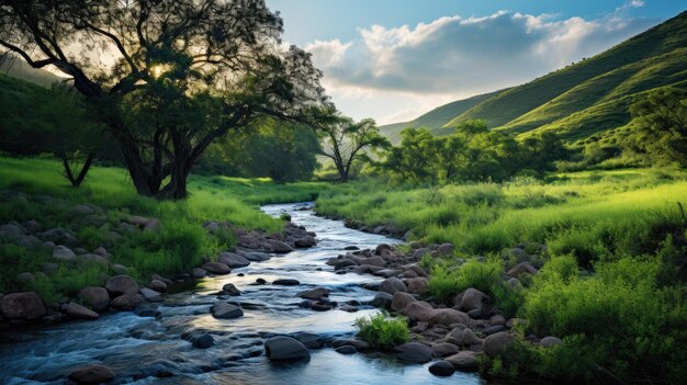 A photo of a chaparral habitat with a winding stream soft evening light