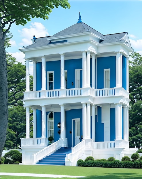 Photo photo of a charming blue and white house with a striking blue staircase