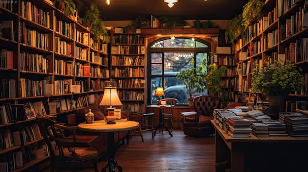 Photo a photo of a charming bookstore soft overhead lighting