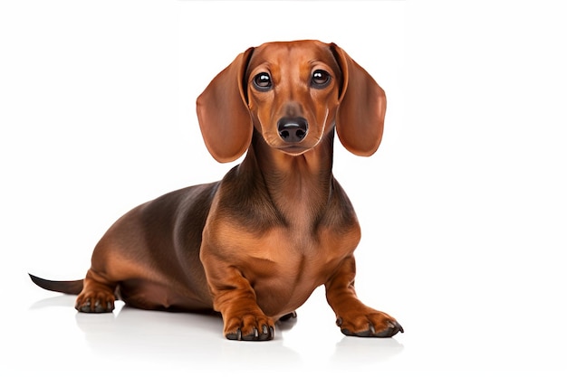 Photo of a charming Dachshund with its long body and short legs on a pristine white countertop
