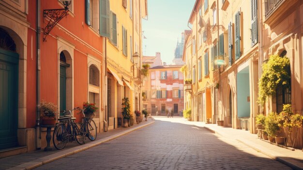 A photo of a charming european street with colorful buildings