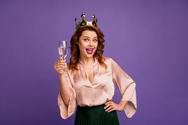 Photo of charming funny pretty chic lady hold sparkling wine glass tell toast