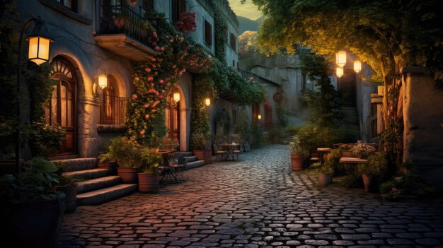 Photo a photo of a charming oldworld courtyard cobblestone paths