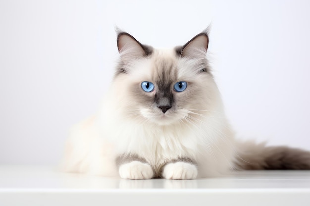 Photo of a charming Ragdoll cat with its placid expression on a clean white table