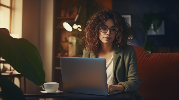 photo of charming serious woman sit in cafe look wear spectacles modern laptop indoors indoors indoors house office